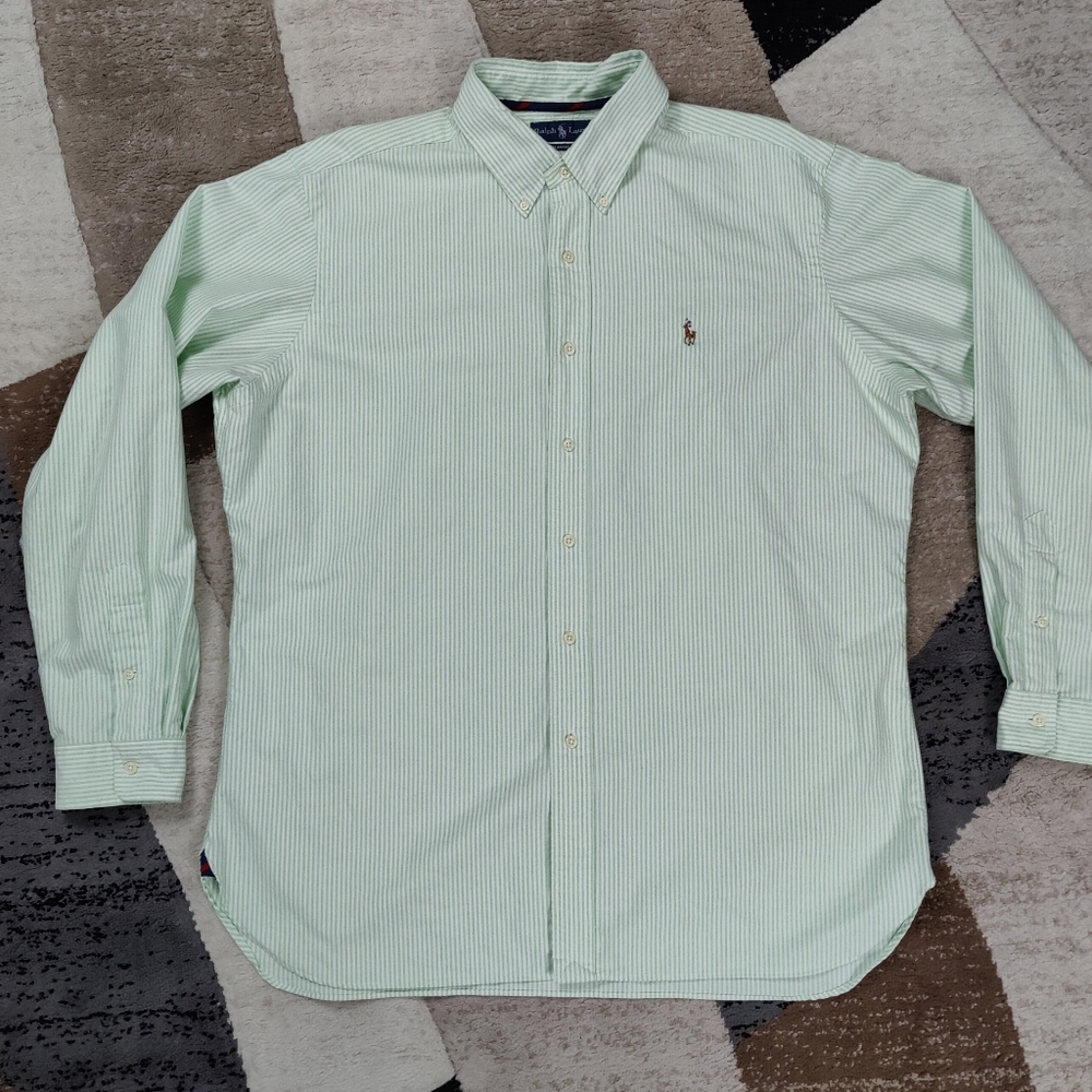 Ralph Lauren Classic Fit Men Green White Striped Button Front Shirt Sz XL